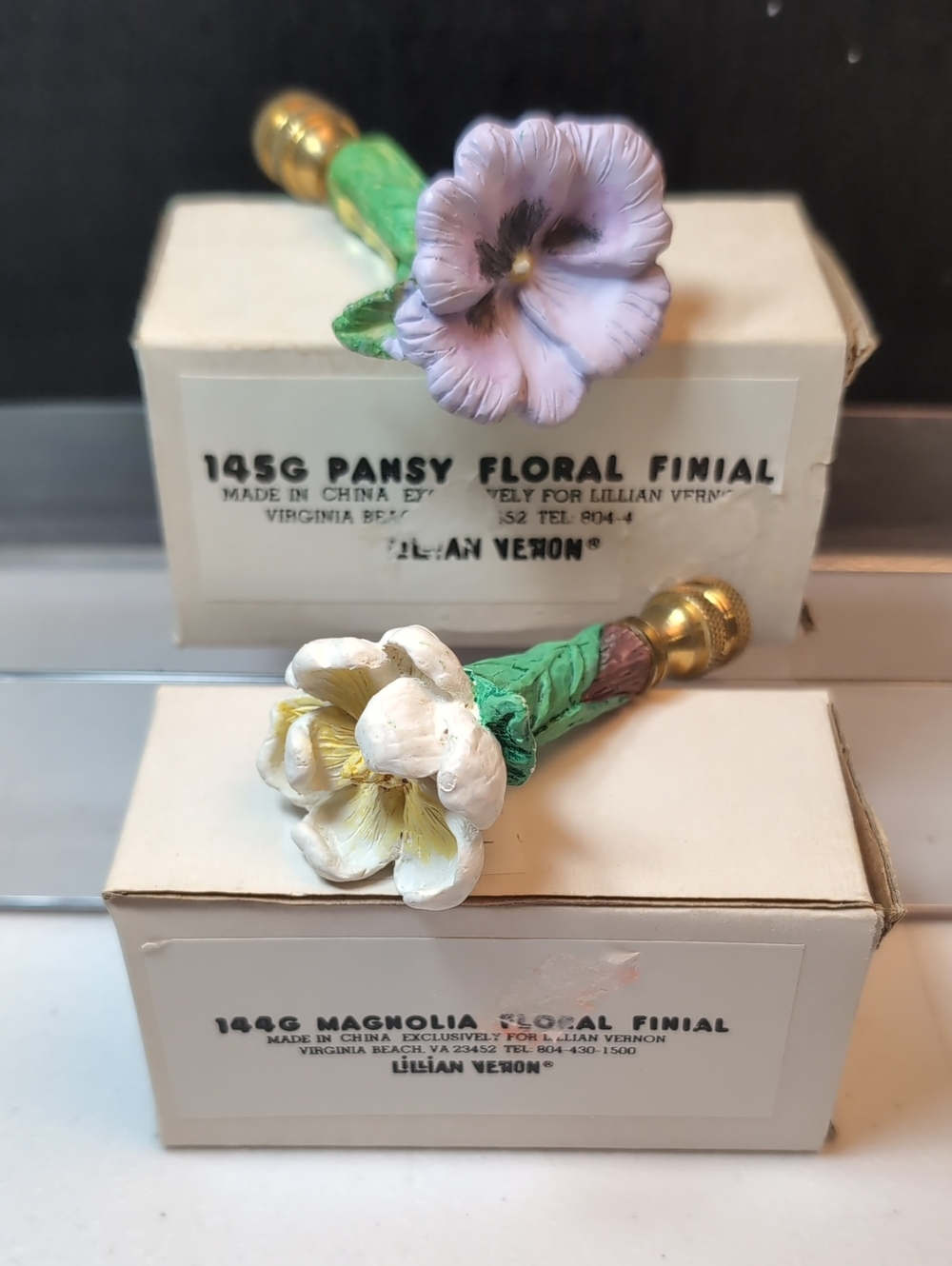 Vintage Lamp Finials Artist Lillian Vernon Magnolia & Pansy Ceramic and Brass
